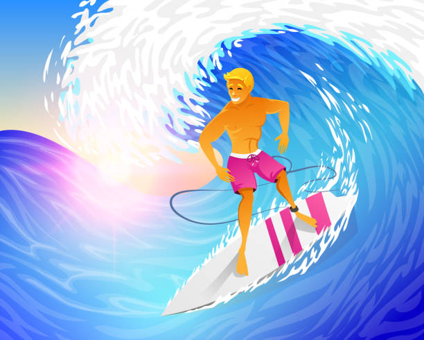 istock Surfer riding on blue ocean wave with surfboard. Muscular man on weekends. Happy young guy on the crest. Sea and Beach. Active healthy lifestyle, extreme sport concept. vector illustration 932241138