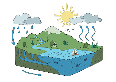 Vector schematic representation of the water cycle in nature, hydrological cycle. Isometric infographics Illustration.