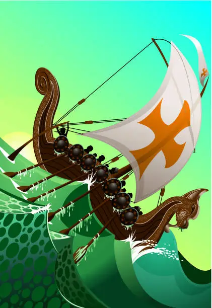 Vector illustration of Vikings at Sea