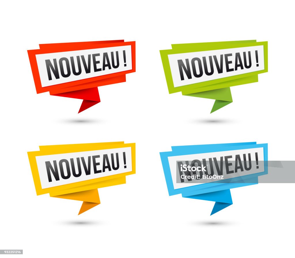 Vector icons New, in French - Origami paper labels Labels for new arrival, price, or location, in French language. Vector web icons, in paper Origami style, isolated on white. New stock vector