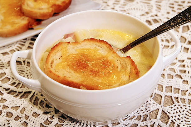 istock Vegetable soup with milk and croutons on top 93225126