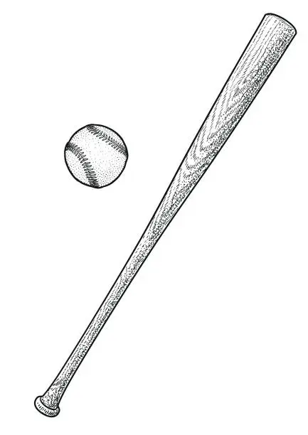 Vector illustration of Baseball bat, ball illustration, drawing, engraving, ink, line art, vector