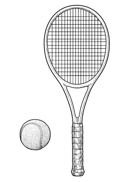 rakieta tenisowa i ilustracja kuli, rysunek, grawerowanie, tusz, grafika liniowa, wektor - tennis ball tennis racket tennis vertical stock illustrations