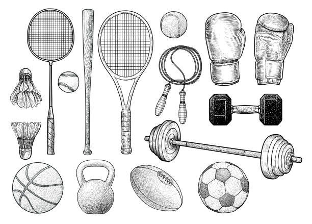 Sport equipments illustration, drawing, engraving, ink, line art, vector Illustration, what made by ink, then it was digitalized. boxing sport illustrations stock illustrations