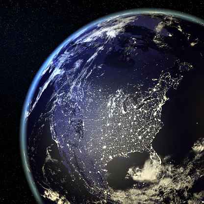 USA View From Earth At Night With City Lights. All the world map textures are originally from NASA. ( 3d render )