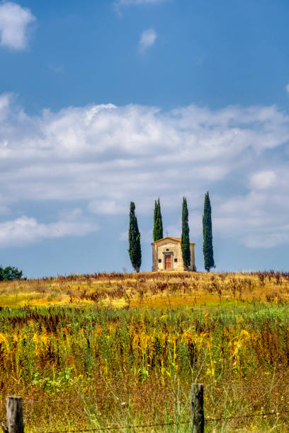 Volterra, Italy - July 28, 2017: Rural landscape at summer along the road from Volterra to Ponsacco, Tuscany, Italy. Little church and cypresses