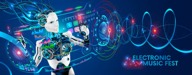 istock Robot disc jockey at virtual reality turntable. Cyborg DJ plays on sound mixer station at nightclub during party. Electronic music festival background. Robot tweak various track controls on dj deck. 932263570