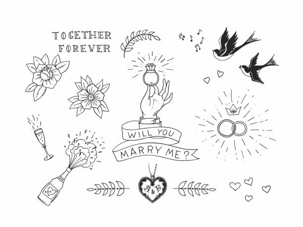 satz von handgezeichneten traditionelle tätowierung elementen. vintage vektor-design für aufkleber ar drucke - blumen tattoos stock-grafiken, -clipart, -cartoons und -symbole