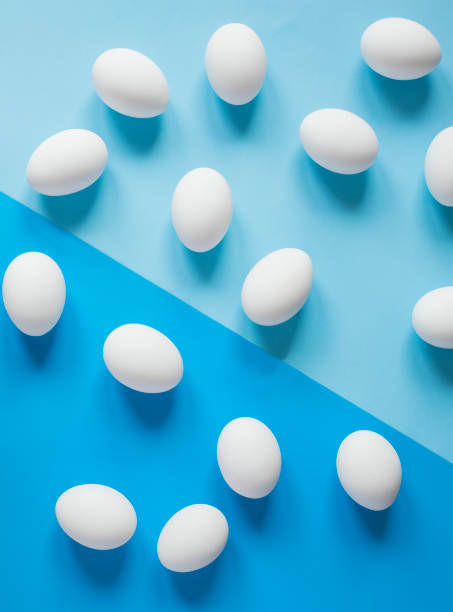 istock White raw chicken eggs on colorful blue background 932271112