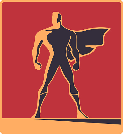 A vector retro style illustration of a silhouette of a male superhero with a cape blown by the wind.