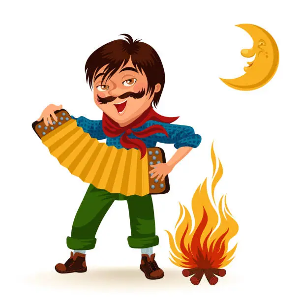 Vector illustration of Man with mustache plays sanfona near fire under moon vector illustration, Boy holding accordion at bonfire at night