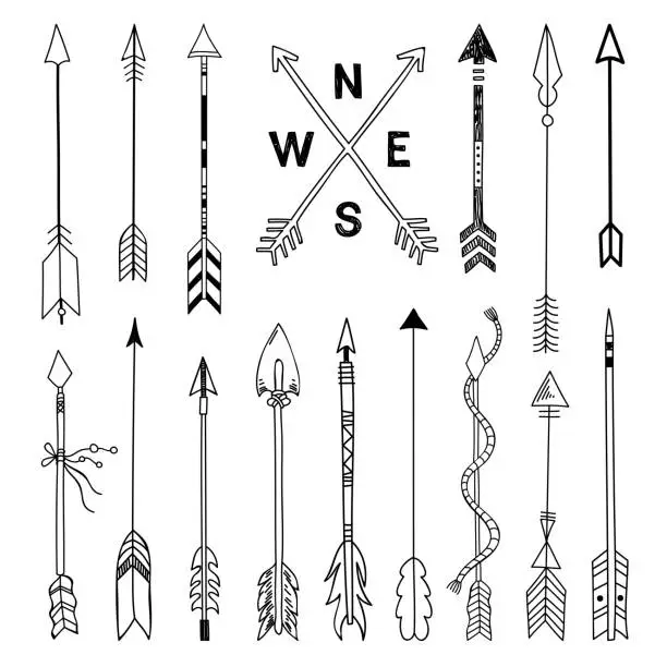 Vector illustration of Arrows set. Hand drawn arrows illustration. Tribal elements vintage style