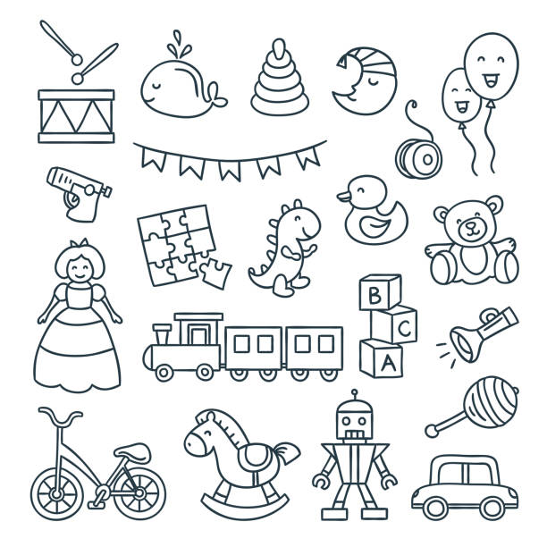 bayi dan anak-anak mainan vektor menguraikan ilustrasi. lucu dool, bola, mobil, sepeda dan elemen anak-anak lainnya - baby rattle ilustrasi stok