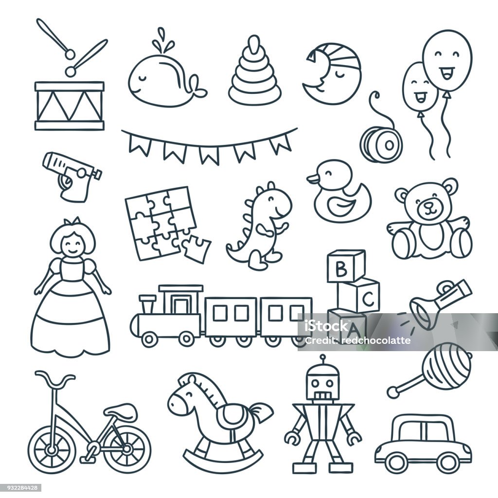 Baby and children toys vector outline illustrations. Cute dool, ball, car, bicycle and other children elements Toy stock vector