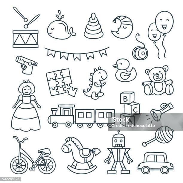 Baby And Children Toys Vector Outline Illustrations Cute Dool Ball Car Bicycle And Other Children Elements Stock Illustration - Download Image Now