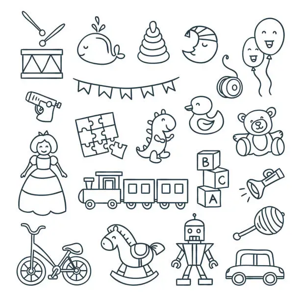 Vector illustration of Baby and children toys vector outline illustrations. Cute dool, ball, car, bicycle and other children elements