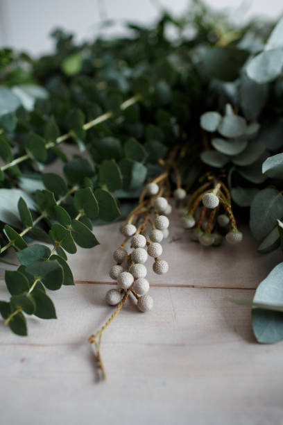 istock Eucalyptus leaves on a wooden white table 932284728