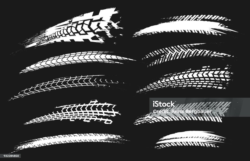 Tire Tracks Elements-03 Motorcycle tire tracks vector illustration. Grunge automotive element useful for poster, print, flyer, book, booklet, brochure and leaflet design. Editable graphic set in white color isolated on a black background. Track - Imprint stock vector