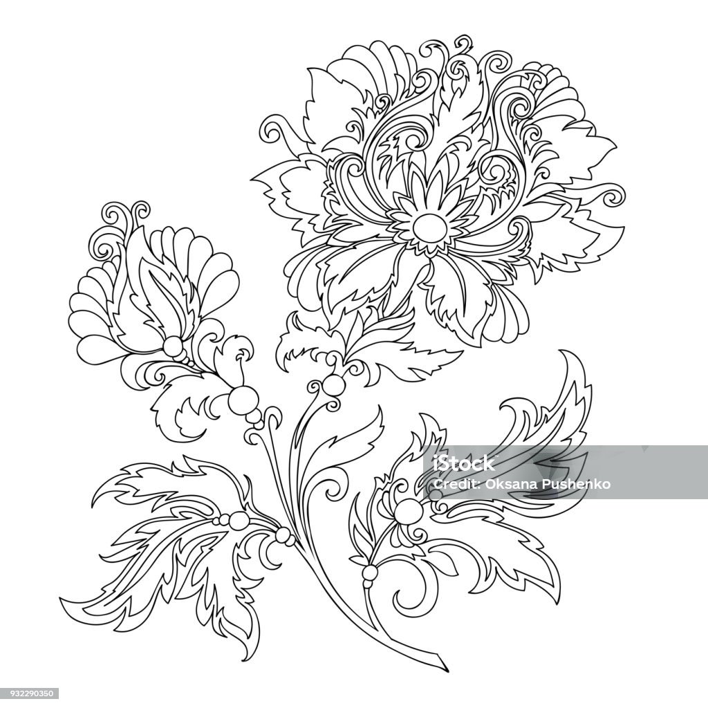 contour of flower with ornaments vector outline drawing of vintage fantasy flower for coloring and decoration, black and white contour of oriental flower with ornaments for design Abstract stock vector