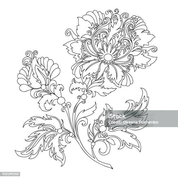 Contour Of Flower With Ornaments Stock Illustration - Download Image Now - Abstract, Adult, Art