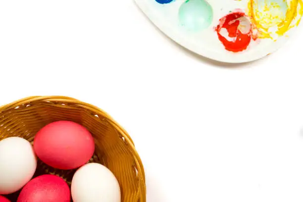 easter background, colorful eggs in basket and water colors