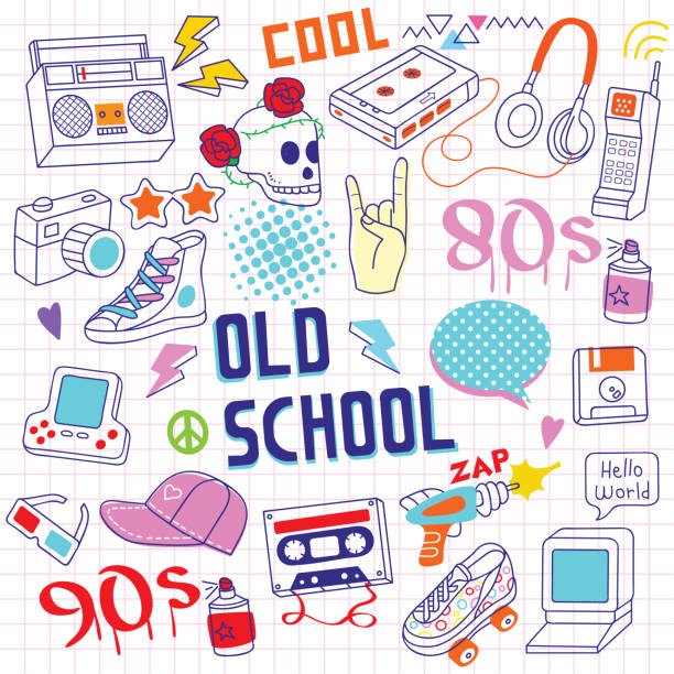 80s - 90s Handrawn Doodle Objects Set of 80s - 90s doodle hand drawing objects on paper. radio clipart stock illustrations