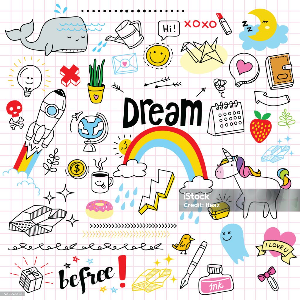 Cute Doodle Set Set of cute and colourful doodle hand drawing on paper. Doodle stock vector