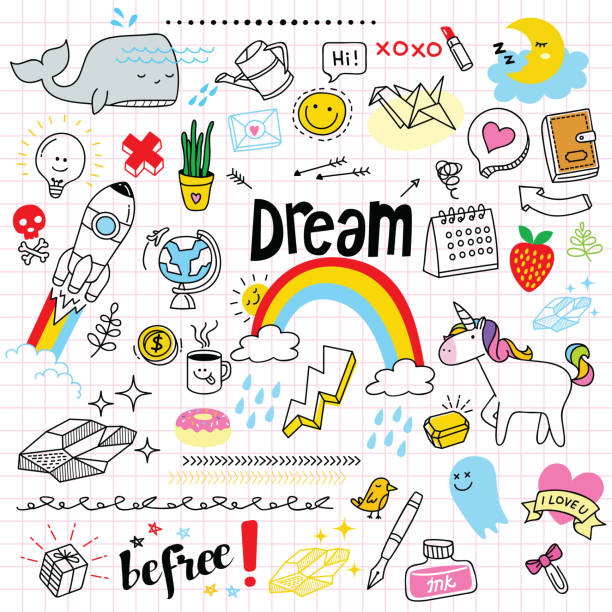 Cute Doodle Set Set of cute and colourful doodle hand drawing on paper. pencil cartoon stock illustrations