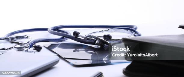 Closeupstethoscope At The Workplace Of The Doctor Stock Photo - Download Image Now - Belarus, Blue, Cardiologist