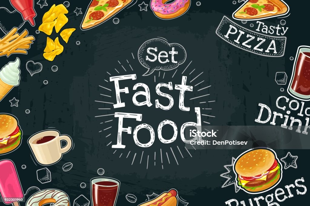 Poster fast food. Vector color flat illustration on dark background Horizontal poster fast food. Cola, coffee, hamburger, hotdog, fry potato, ketchup, pizza, ice cream, donut. Vector color flat illustration on black chalkboard with vintage engraving lettering, bubble Backgrounds stock vector