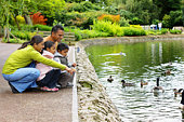 Indian Family outdoors feeding ducks on a park lake