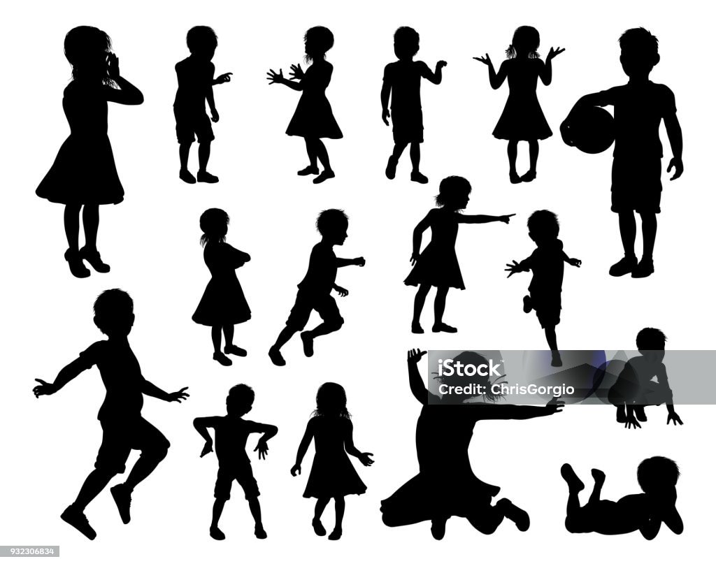 Children Kids Silhouette Set A set of high quality detailed silhouettes of kids or children in various poses In Silhouette stock vector