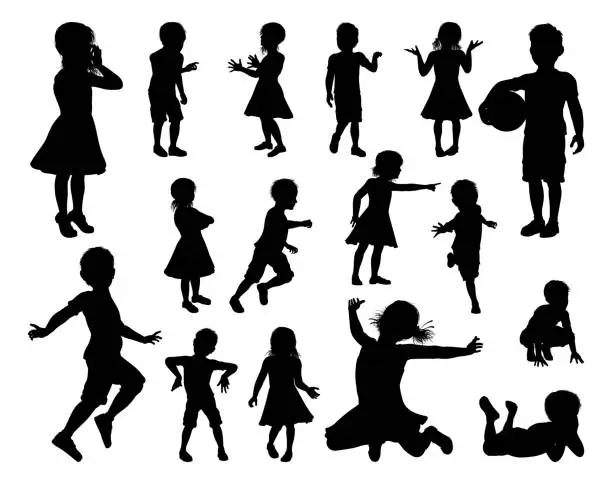 Vector illustration of Children Kids Silhouette Set