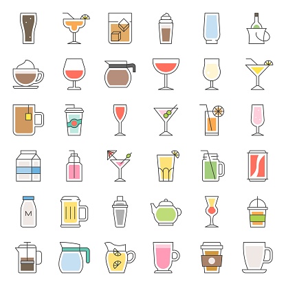beverage and glass set, filled outline icon vector