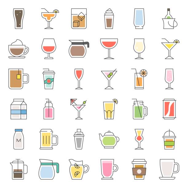 beverage and glass set, filled outline icon vector beverage and glass set, filled outline icon vector green tea cocktail bar stock illustrations