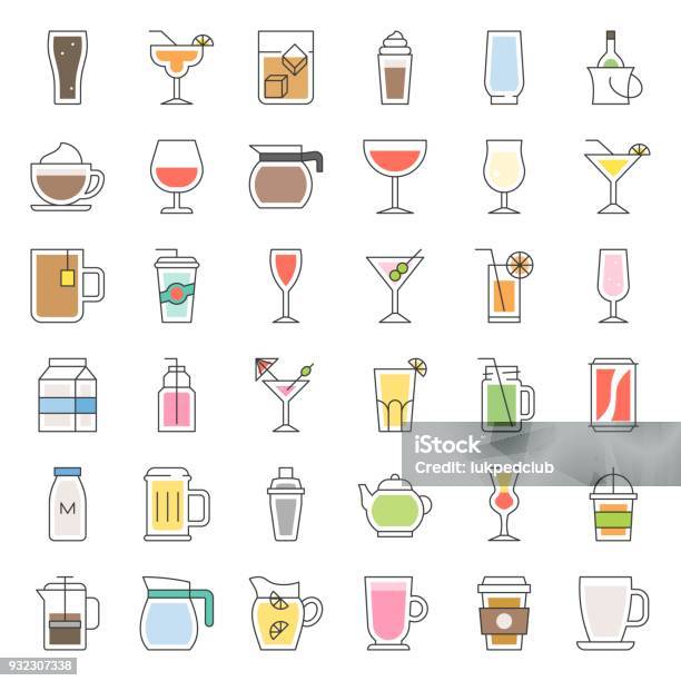 Beverage And Glass Set Filled Outline Icon Vector Stock Illustration - Download Image Now - Cocktail, Icon Symbol, Coffee - Drink
