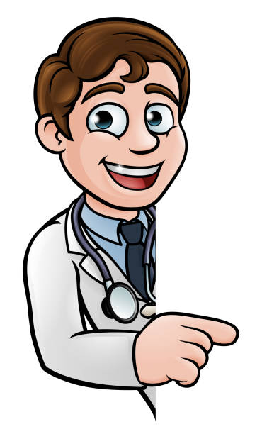ilustrações, clipart, desenhos animados e ícones de personagem de desenho animado médico apontando sinal - vet men laboratory holding