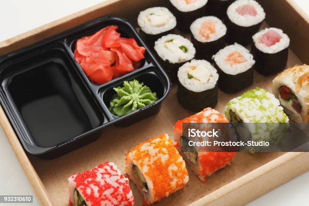 Closeup Of Set Of Sushi Maki And Rolls Stock Photo - Download Image Now - Backgrounds, Copy Space, Crockery