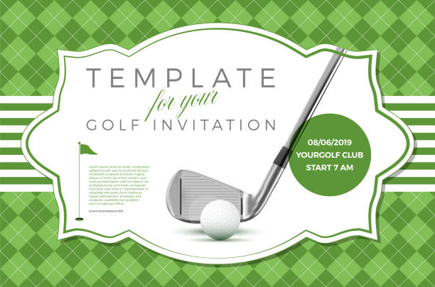 illustrazioni stock, clip art, cartoni animati e icone di tendenza di modello per l'invito al golf con testo di esempio - golf