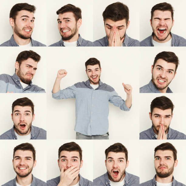 istock Set of young man different emotions at white studio background 932317924