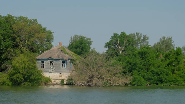 old abandoned house by the sea, rivers in summer with green trees