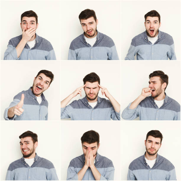 istock Set of young man different emotions at white studio background 932318634