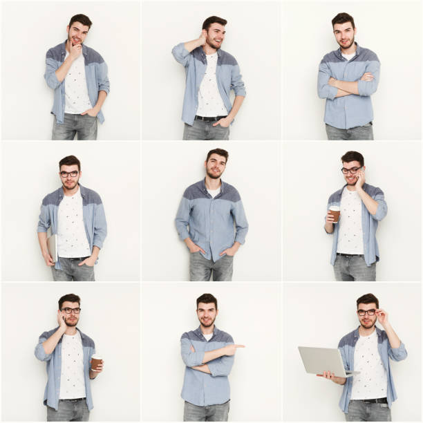 istock Set of young man different emotions at white studio background 932318658