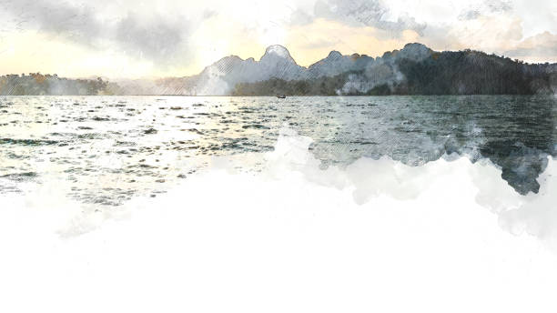 istock Abstract beautiful mountain silhouette, soft wave river and soft sunlight on oil watercolor painting background. 932331254