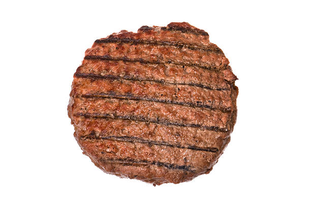 istock Grilled hamburger patty with stripes on a white background 93233292