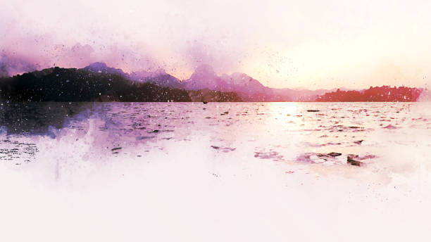 istock Abstract beautiful mountain silhouette, soft wave river and soft sunlight on oil watercolor painting background. 932333876