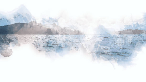 istock Abstract beautiful mountain silhouette, soft wave river and soft sunlight on oil watercolor painting background. 932334024