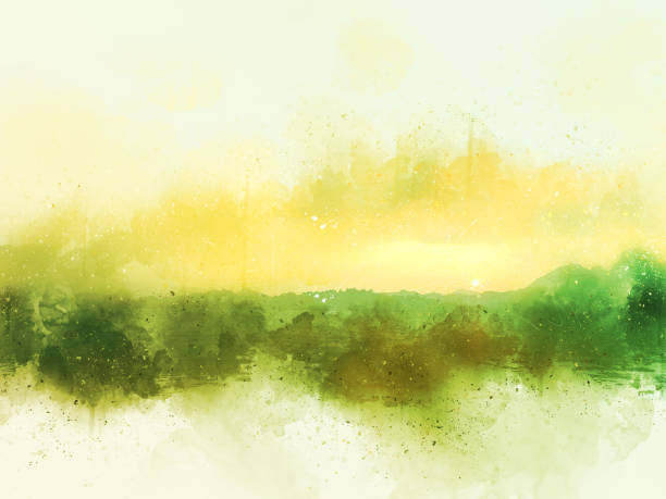 istock Abstract beautiful mountain silhouette, soft wave river and soft sunlight on oil watercolor painting background. 932334108