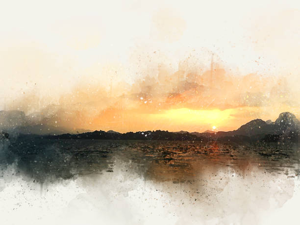 istock Abstract beautiful mountain silhouette, soft wave river and soft sunlight on oil watercolor painting background. 932334192