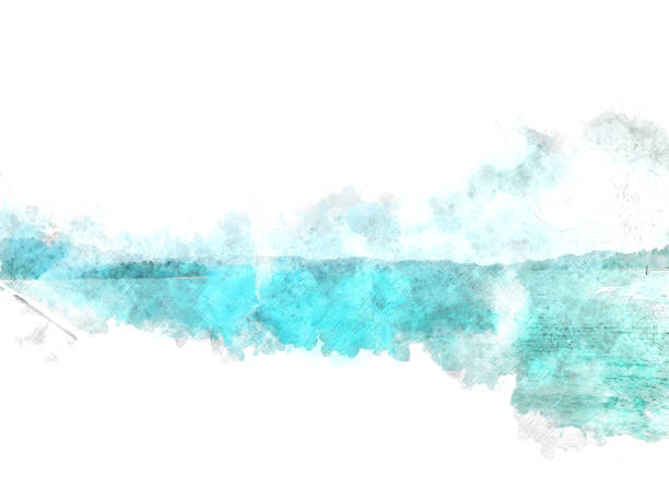 istock Abstract beautiful mountain silhouette, soft wave river and soft sunlight on oil watercolor painting background. 932334994